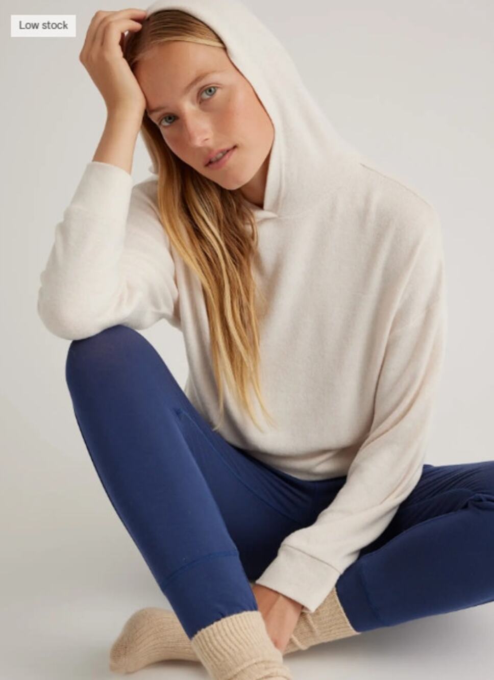 New Quince Brushed Lounge Cropped Pullover Hoodie XS Heather Oatmeal